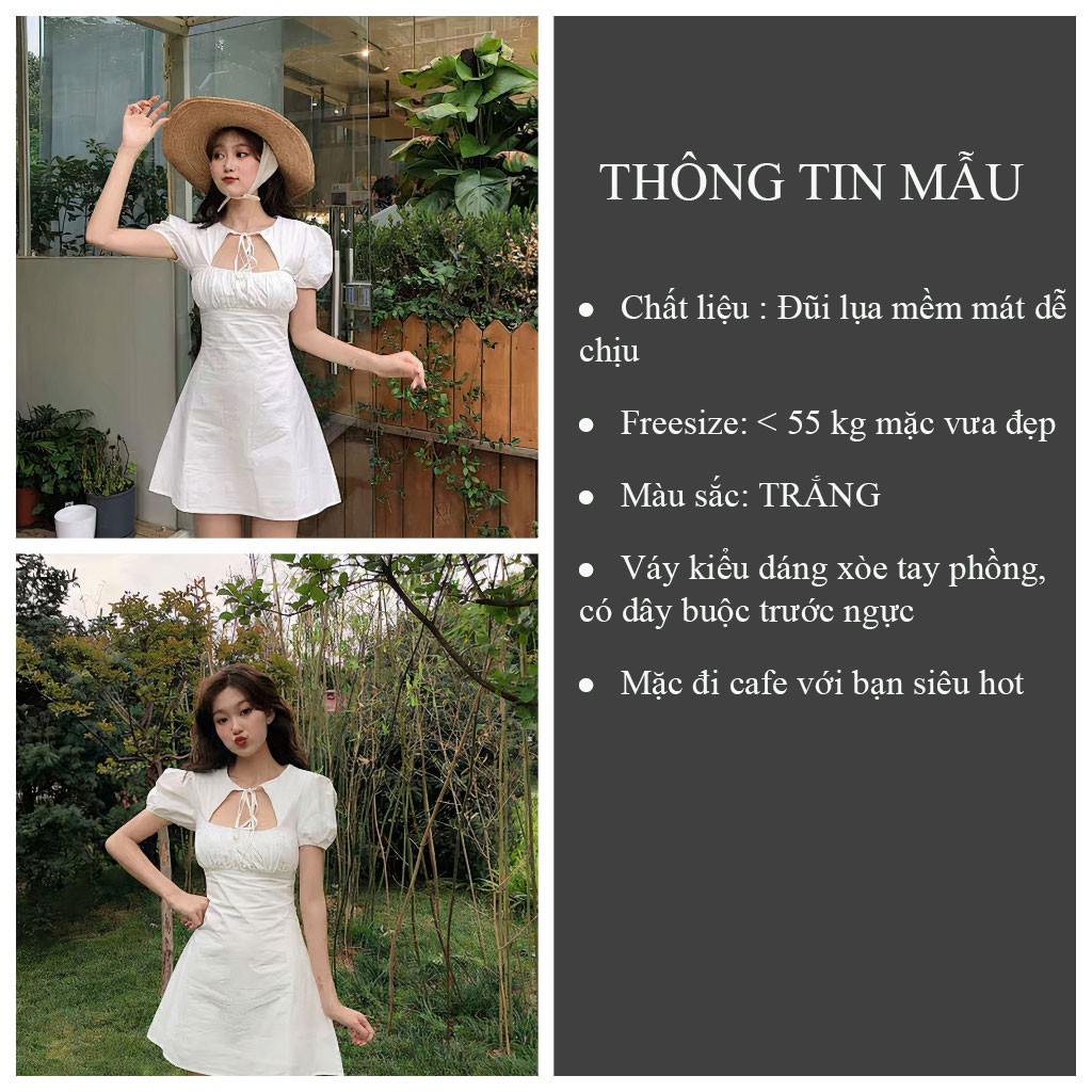 Đầm xòe ngắn màu trắng VIETCEN váy xòe tay phồng buộc dây chất thô lụa mịn mát