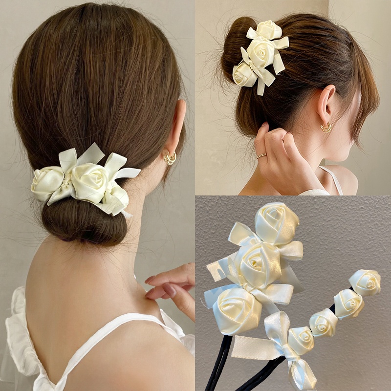 Phụ Kiện Búi Tóc Vải Satin Đính Nơ Thời Trang Cho Nữ