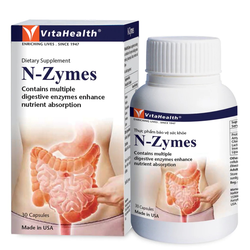 Viên Uống Hỗ Trợ Giảm Chướng Bụng, Đầy Hơi, Cải Thiện Hệ Tiêu Hóa Vitahealth N-Zymes Hộp 30 Viên