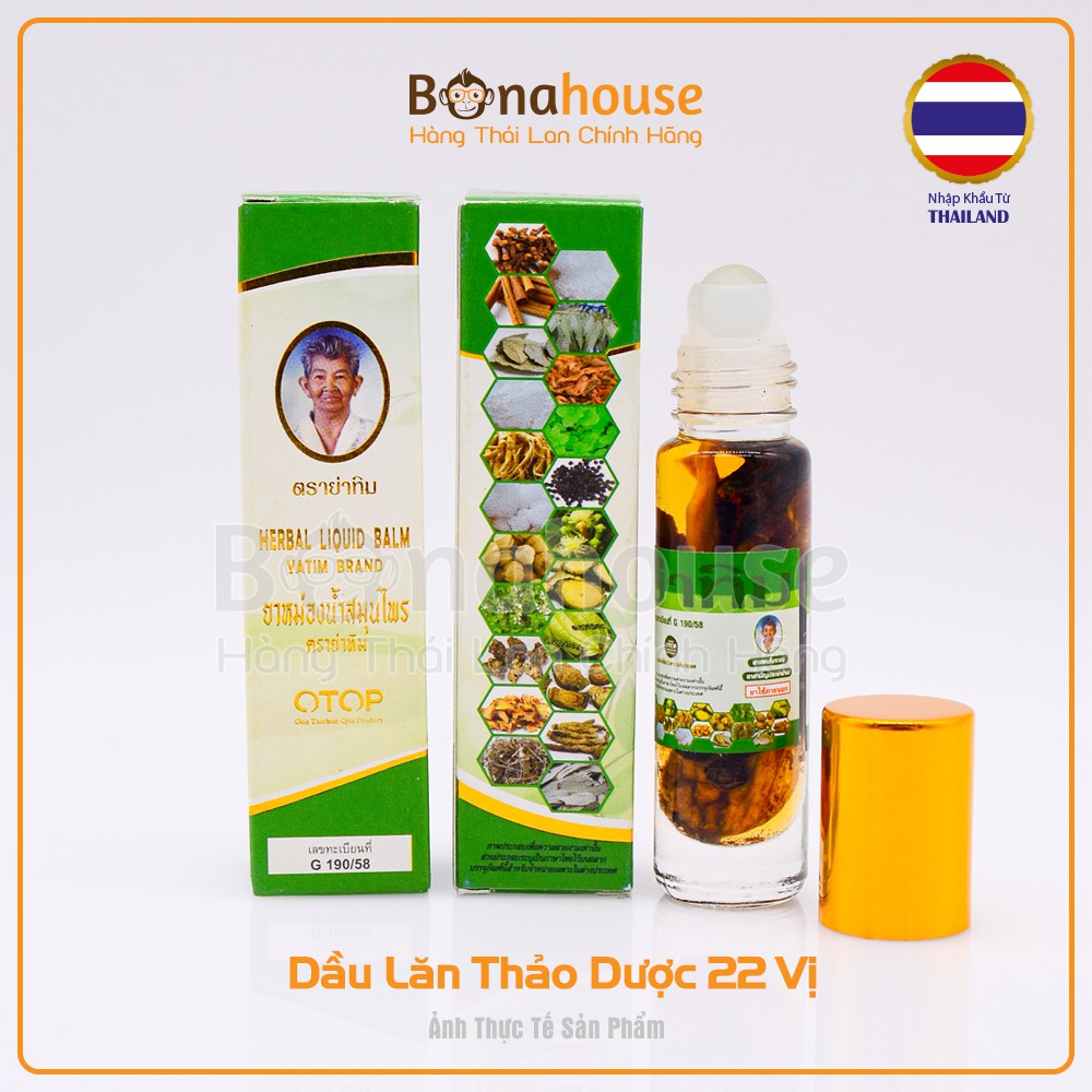 Dầu Lăn Nóng 22 Vị Thảo Dược OTOP Herbal Liquid Balm Yatim Brand Thái Lan