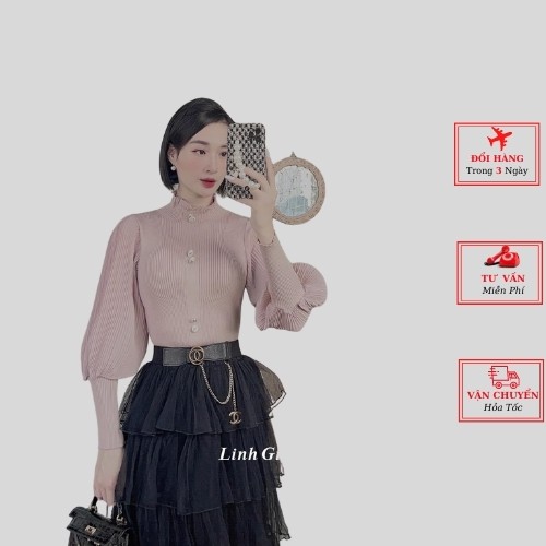 Áo len nữ công sở tay bồng tiểu thư cúc ngọc ulzzang Hàn Quốc phong cách bánh bèo