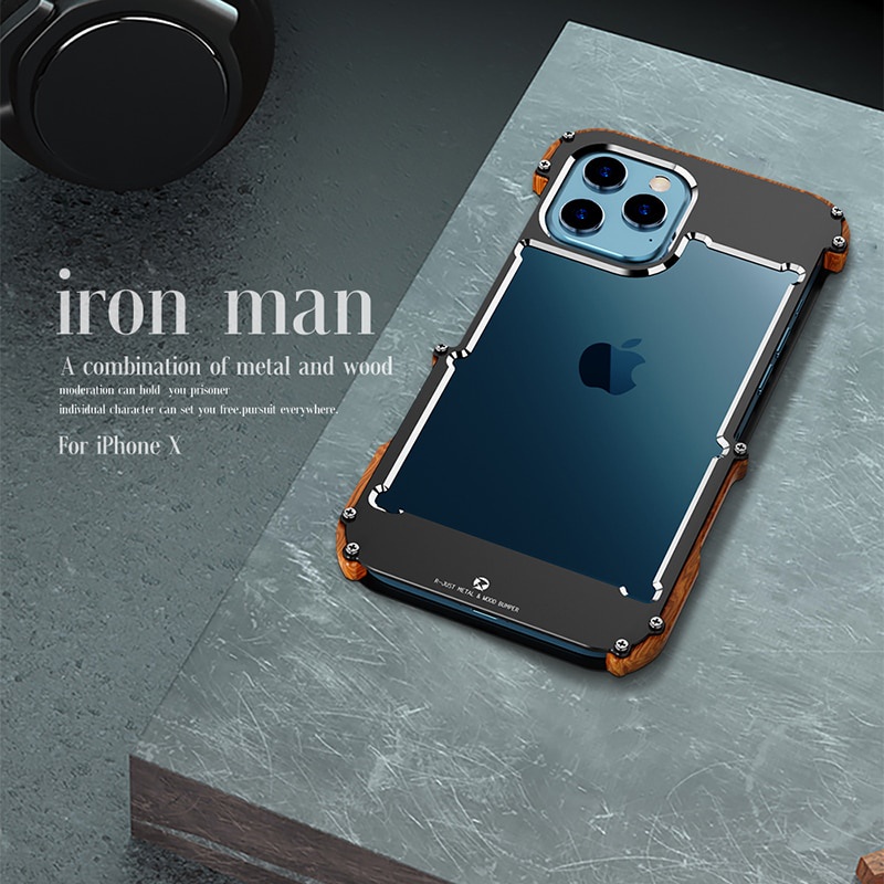 R-Just Ốp Điện Thoại Kim Loại Nhôm Phối Gỗ Chống Sốc Cho Iphone 13 Pro Max 12 Pro Max 12 Mini 11 Pro Max