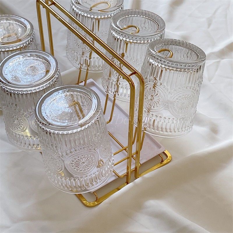 Bộ Bình Cốc giá đựng nước Thủy Tinh viền vàng ,vân sần ,sóng nước cao cấp Grado