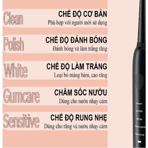 Bàn chải điện tự động 5 cấp độ sạc pin phù hợp cho cả người lớn và trẻ em