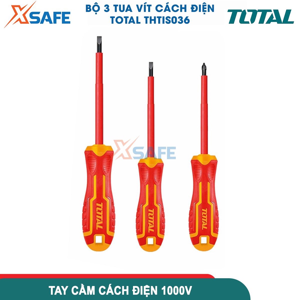Bộ 3 tua vít cách điện TOTAL THTIS036 - bộ tua vít gồm: SL4.0 × 100, SL5,5 × 125, PH2 × 100, tay cầm thiết kế mới -XSAFE