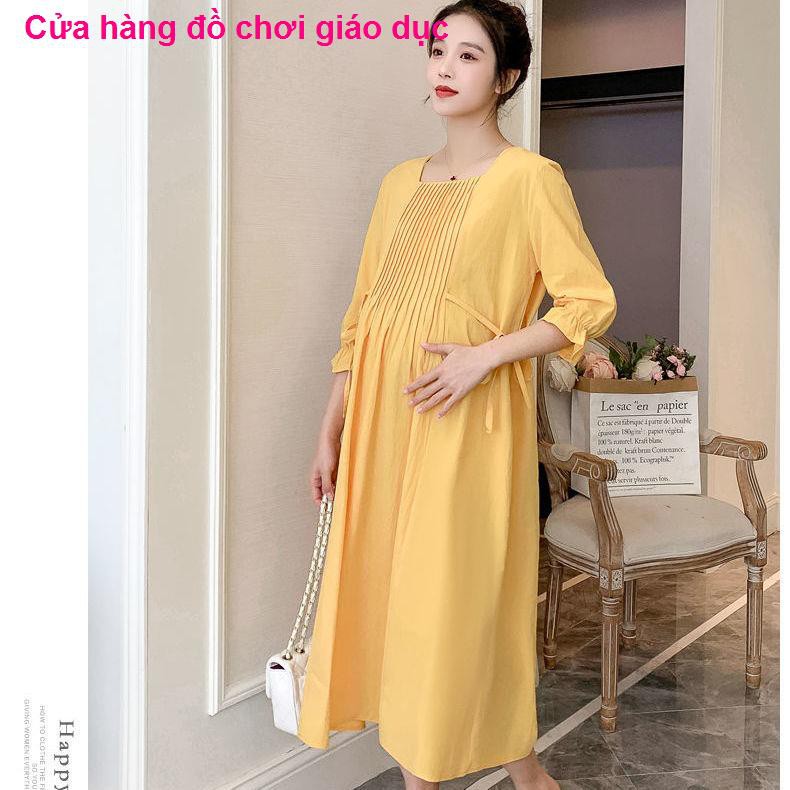 SHOP XINH Quần áo bà bầu mới cho mùa xuân và hè, váy cotton vải lanh dài tay ba phần tư, thời trang mẹ