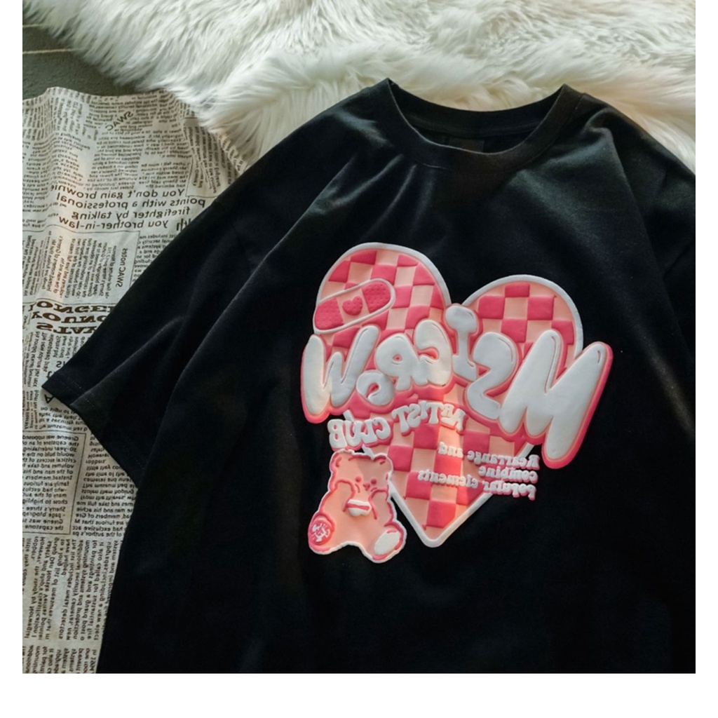 Áo thun PEWARN tay ngắn dáng rộng in họa tiết trái tim phong cách Hàn Quốc harajuku thời trang cho nữ