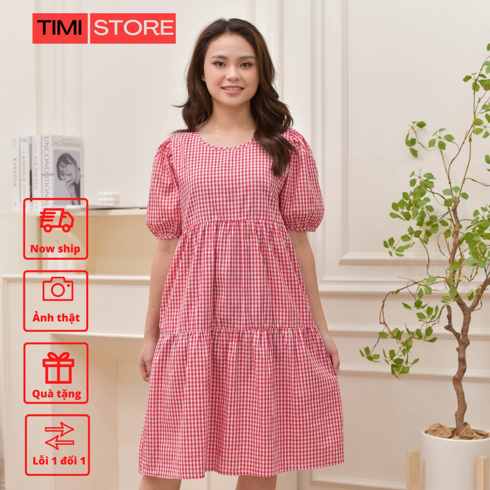 Đầm Bầu Thiết Kế-Váy Suông TiMi kẻ caro đỏ 3 tầng tay bo cổ tròn chất vải thô cotton mềm size 40-100kg TM034
