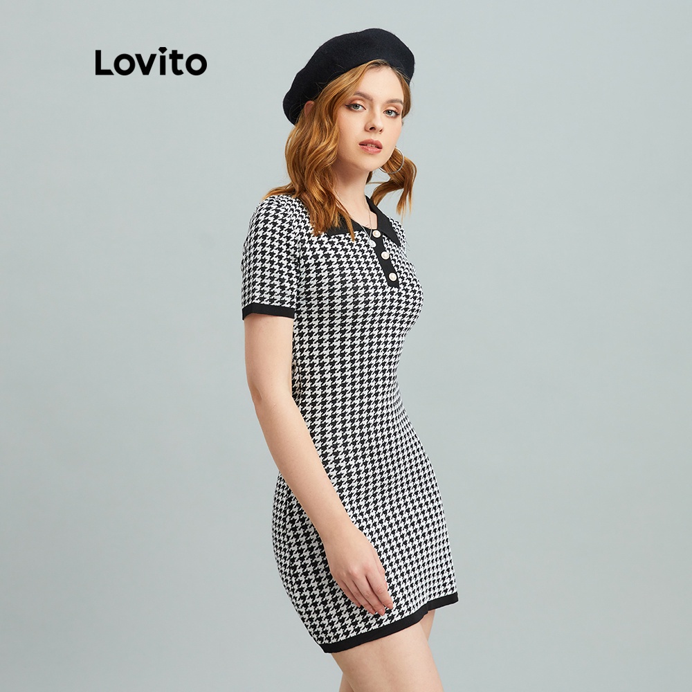 Đầm Lovito cổ bẻ họa tiết sọc caro phong cách preppy L10179 (Màu đen)