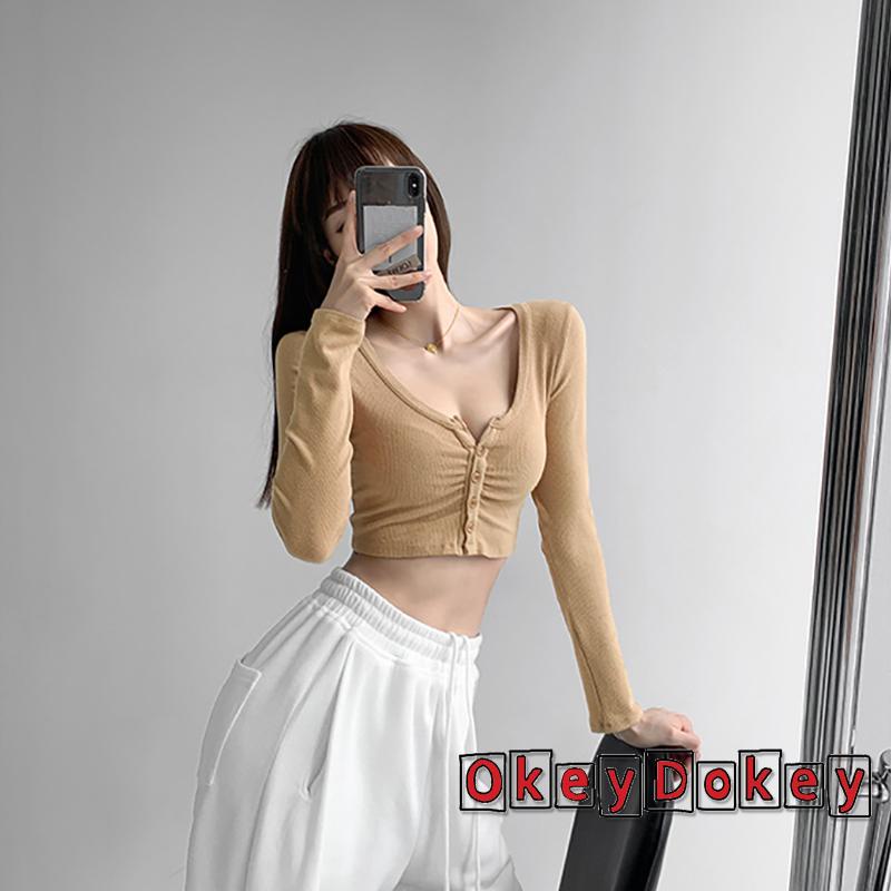 Áo Croptop Dệt Kim Tay Dài Cổ Chữ V Màu Trơn Cài Nút Cho Nữ