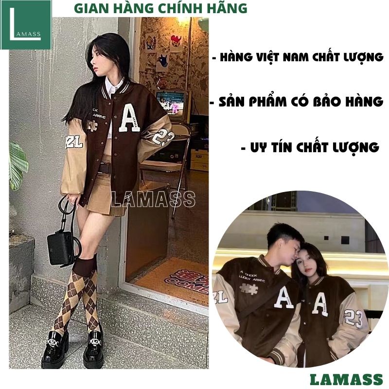 Áo khoác Bomber thể thao màu nâu thêu chữ A- Áo bóng chày jackit from rộng nam nữ UNISEX phối tay phong cách ulzzang