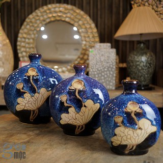 Bình hoa gốm sứ Bát Tràng men hỏa biến xanh đá khắc sen nâu, dáng béo