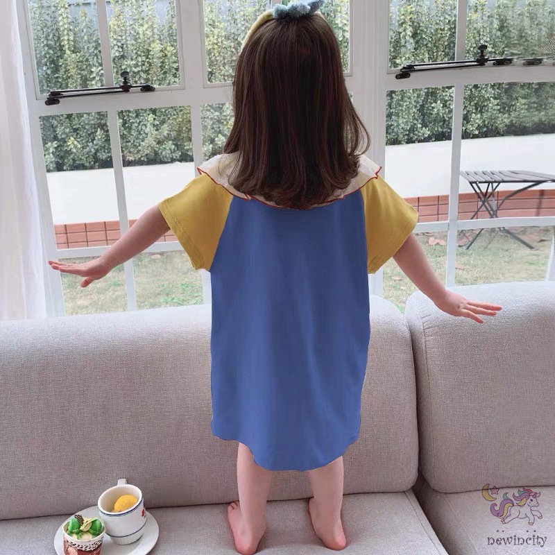 Đầm ngủ tay ngắn cổ bẻ in họa tiết hoạt hình đính nơ phối ren phong cách Hàn Quốc dễ thương cho bé gái