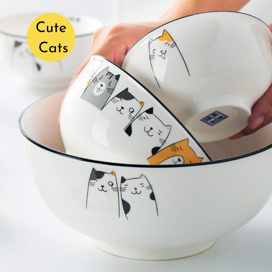 Bộ bát đĩa sứ - bộ bát 35 món họa tiết mèo xinh xắn - cho gia đình 6 người
