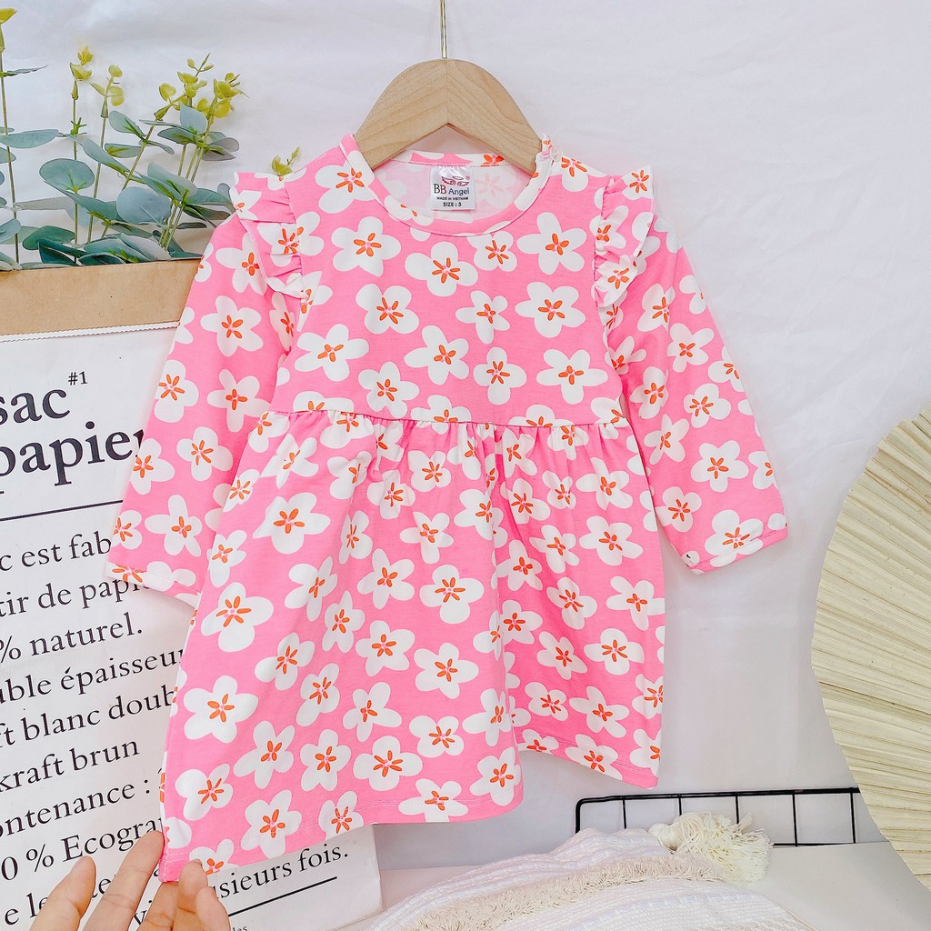Váy Cotton Dài Tay Bé Gái BB Angle Hè Thu size 8-18kg Mềm Mại, Co Giãn Tốt, Nhiều Màu