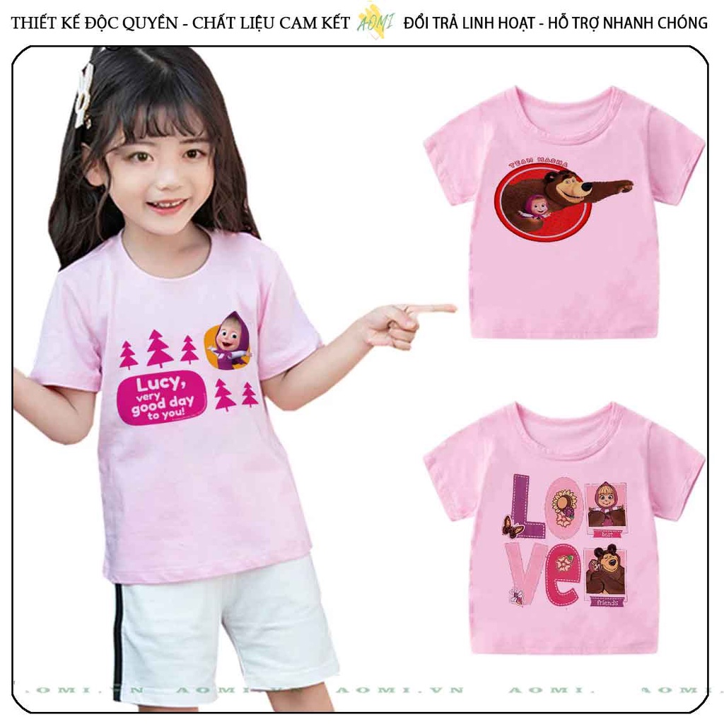 ÁO THUN masha and bear gấu nâu UNISEX PHÔNG HỒNG TAY NGẮN NAM NỮ GIA ĐÌNH CẶP ĐÔI SIZE TRẺ EM BÉ TRAI GÁI AOMIVN