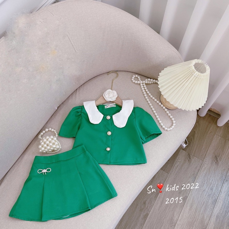 (12-18kg) Set Dạ Mềm Tiểu Thư, Cúc Ngọc Tag Đá Sanh Chảnh Cho Bé Gái, Sét Áo Váy Bé Gái Size Đại