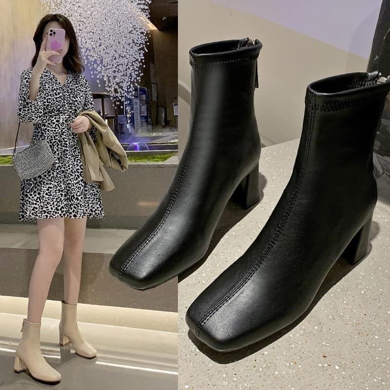 Boot nữ cổ thấp gót vuông da PU mềm khóa sau thời trang có size ngoại cỡ cực êm chân hàng Quảng Châu cao cấp JUMATO