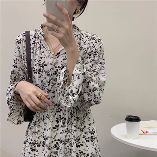 (ORDER) Váy hoa MORAN dài tay mùa thu vintage đơn giản thắt eo xòe dài sang trọng kiểu Pháp