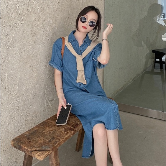 Sét váy nữ sơ mi jean dáng dài cộc tay Ulzzang phong cách Hàn Quốc trẻ trung xinh đẹp NITEHY 27