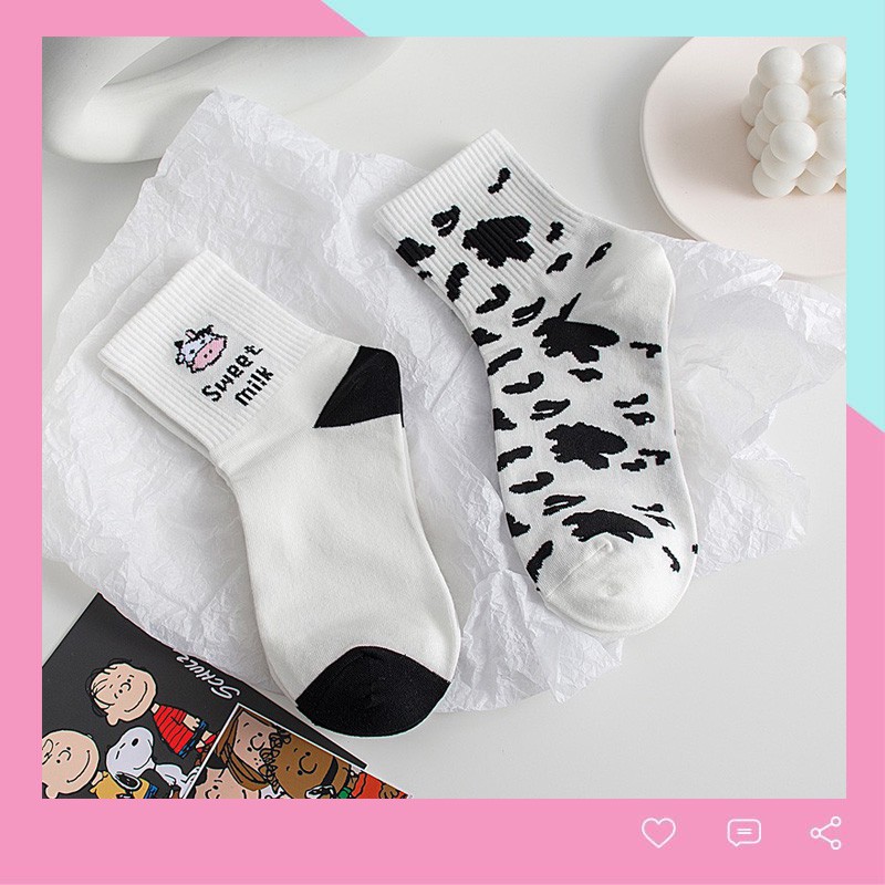 Tất cổ cao Nobato unisex họa tiết Bò Sữa vintage Hàn Quốc TN76