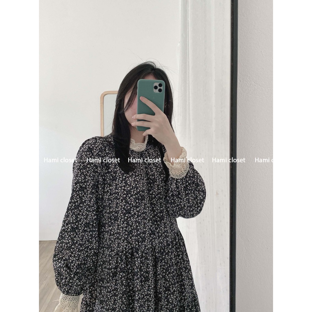 Váy babydoll hoa nhí dáng suông kèm đai cổ tay viền ren tiểu thư chất voan siêu mịn đẹp mã V009