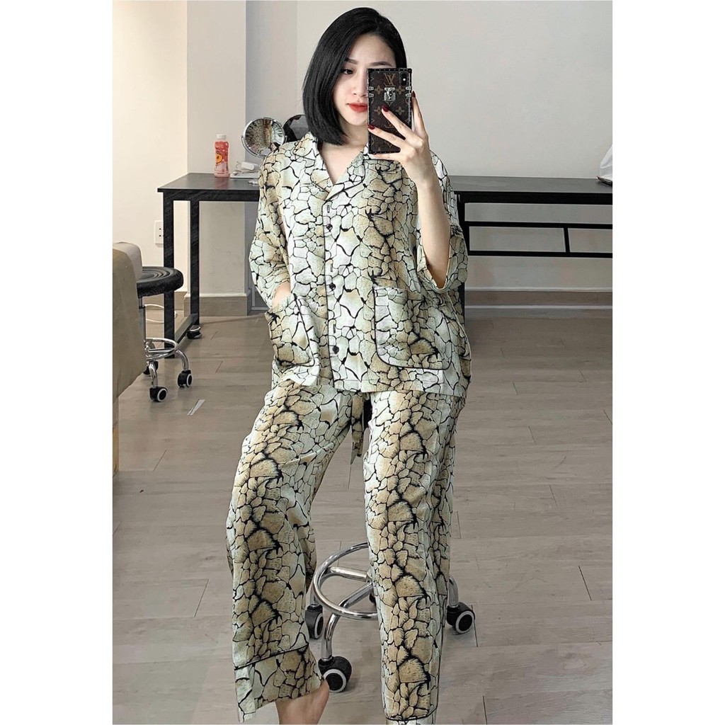 Đồ bộ nữ, pijama lụa satin tay phồng họa tiết cao cấp, chất vải mềm mịn Piti Shop