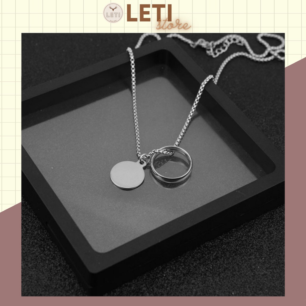 Dây chuyền nam nữ LETI DC03 phối mặt hình tròn kèm nhẫn thép titan màu bạc, vòng cổ phong cách đơn giản thời trang