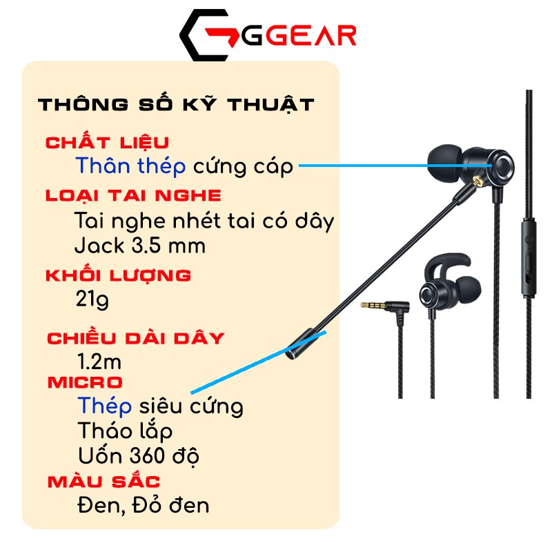 Tai nghe nhét tai có dây gaming Ggear EG3 chống ồn có mic âm thanh siêu bass cho game thủ