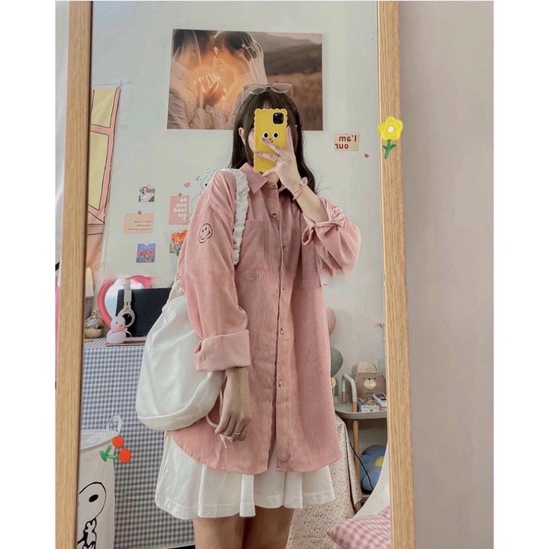 ÁO SƠ MI NHUNG TĂM THÊU MẶT CƯỜI,FREESIZE &lt;65kg