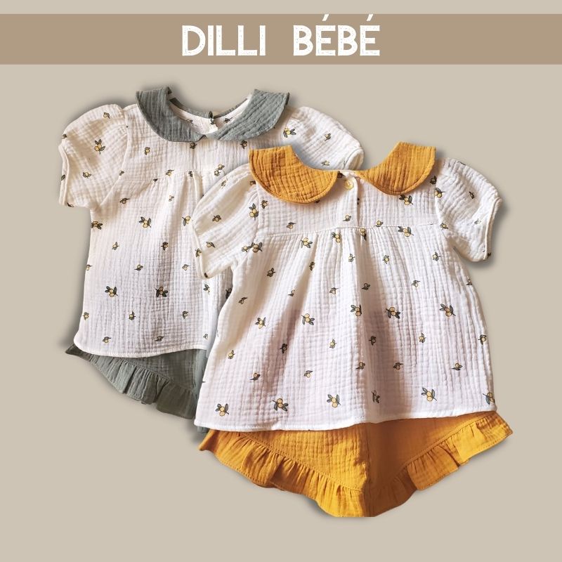 Đồ bộ bé gái cổ bèo babydoll quần áo cho trẻ em sơ sinh 0 12 tháng vải Muslin Oliu vàng/xanh - Dilli Bebe