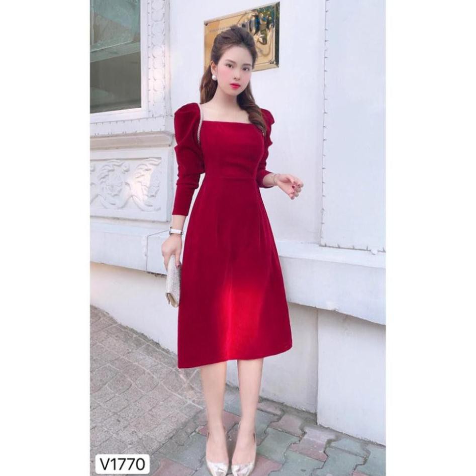 Váy nhung đỏ viền ngọc V1770 - - Đẹp Shop DVC - Kèm ảnh thật trải sàn do shop tự chụp