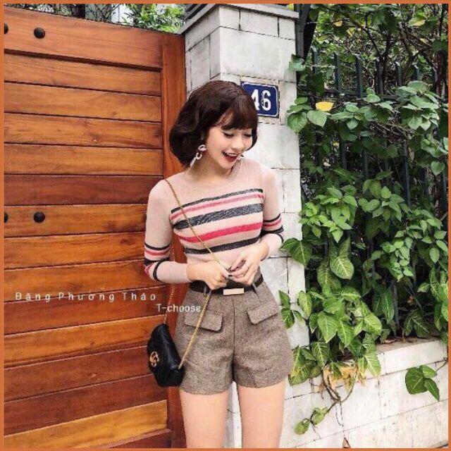 Áo len kim tuyến dài tay phối kẻ 💗