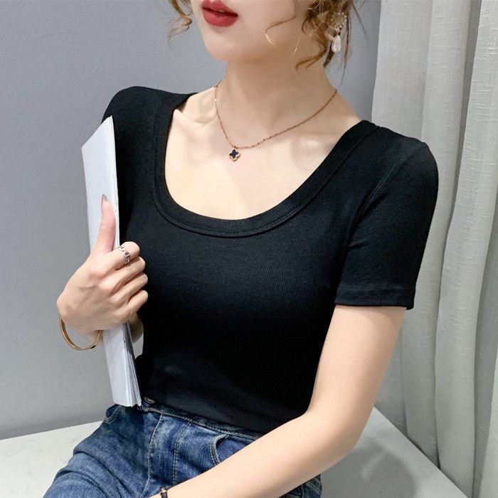Áo Thun Cotton Mỏng Cổ Chữ U Ngắn Tay Màu Trơn Thời Trang Mùa Hè Hàng Mới Dành Cho Nữ 2022