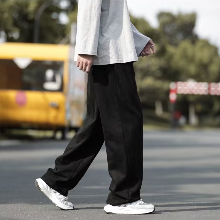 Quần âu nam Phong cách Hàn Quốc thời trang da hươu lông cừu nam giản dị thẳng quần cổ điển rt chữ in unisex dây rút ống rộng quần bình thường