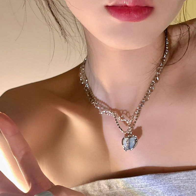Vòng Cổ Nhiều Lớp Đính Đá Hình Trái Tim Thời Trang Nhật Hàn