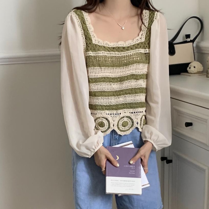 Áo Croptop Dệt Kim Cổ Vuông Tay Dài Dáng Rộng Kiểu Pháp Thời Trang Mùa Hè Cho Nữ