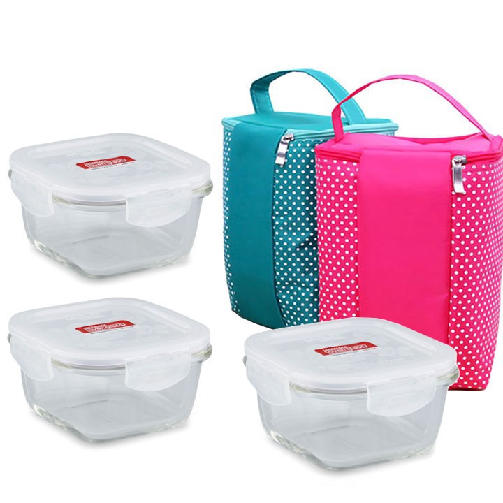 Bộ 3 Thố thủy tinh vuông Lock&Lock LLG214-1 500ml tặng túi giữ nhiệt