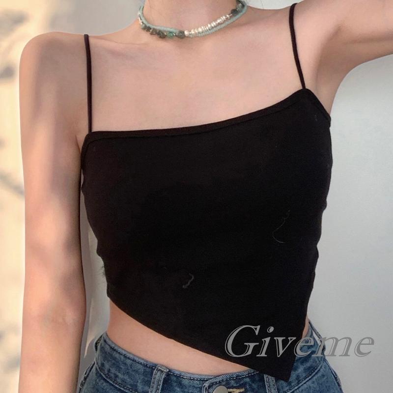 Áo Hai Dây Spaghetti Ngắn Màu Trơn Có Đệm Ngực Cho Nữ Giới Màu Trắng / Đen / Cà Phê Đậm
