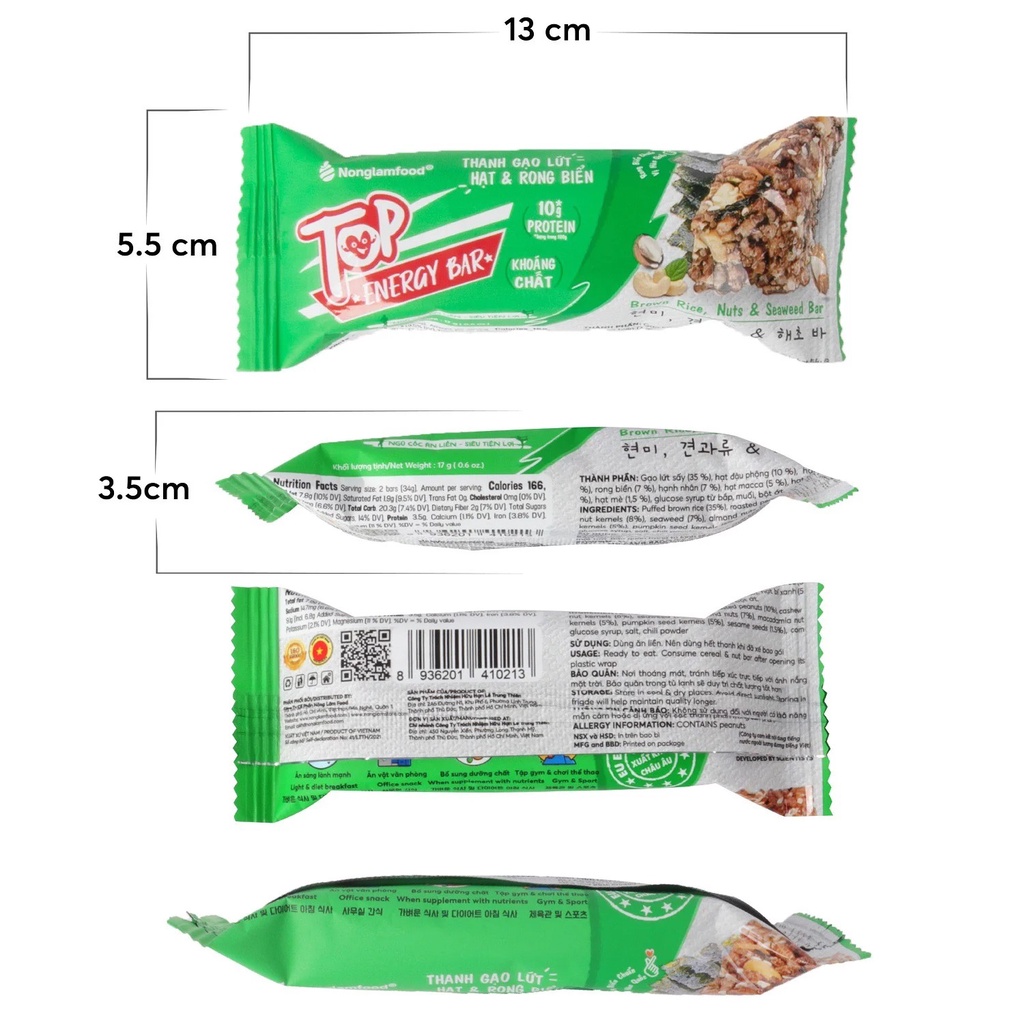 [THUẦN CHAY] Thanh năng lượng gạo lứt ngũ cốc Hạt và Rong biển Top Energy Bar Nonglamfood hộp 272g | Ăn kiêng