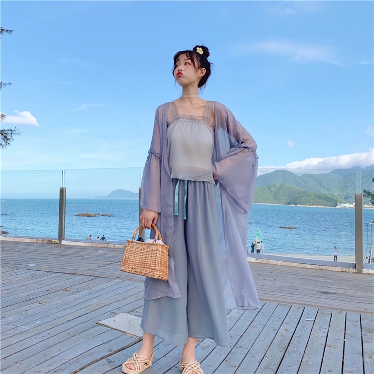 Set Áo Khoác Cardigan Chiffon + Áo Hai Dây + Quần Dài Ống Rộng Thắt Dây Phong Cách Nhật Bản