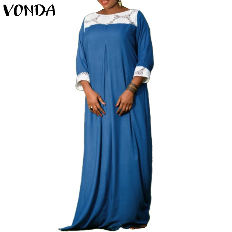 VONDA Đầm dài tay 3/4 cổ thuyền dáng rộng phối ren thời trang cho nữ