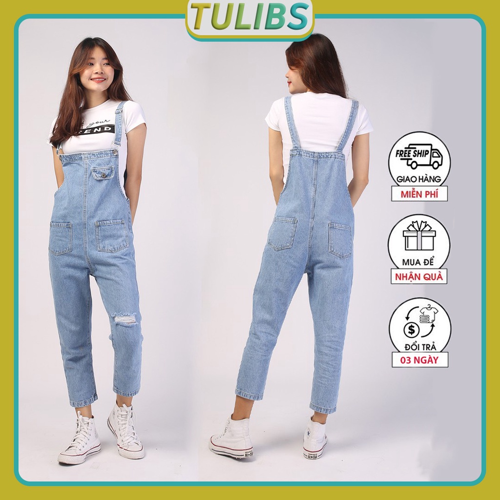 Quần yếm nữ dài dáng suông ống rộng ulzzang hàn quốc rách gối cá tính Tulibs YN02