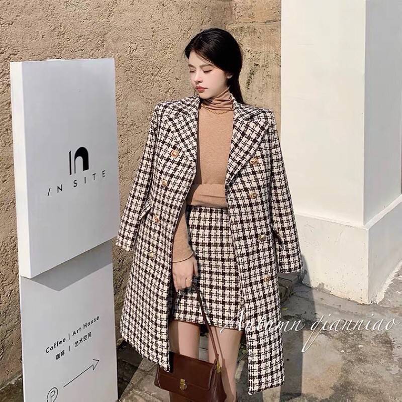 Set áo khoác+chân váy dạ kẻ