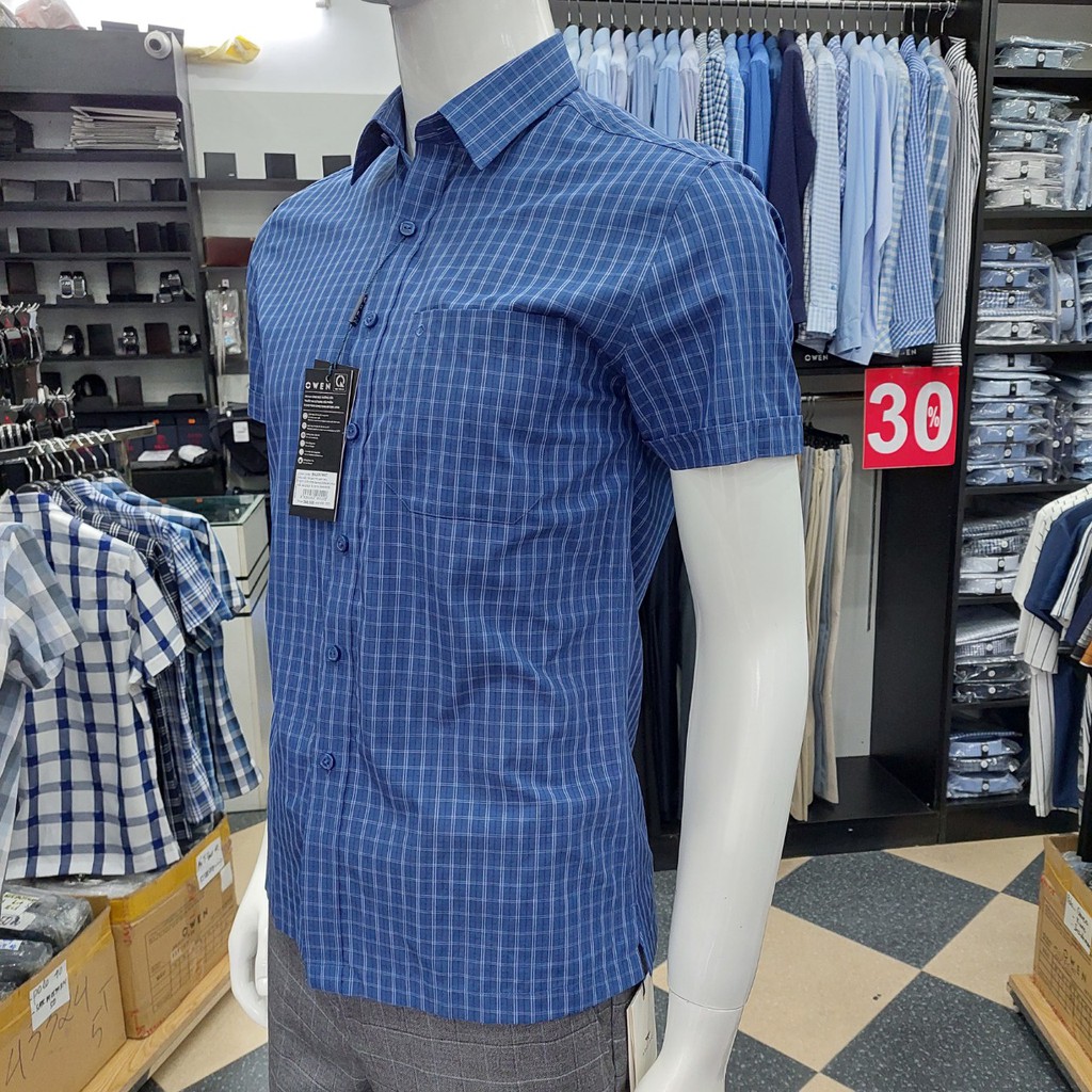 Áo Sơ Mi Nam Ngắn Tay Owen BA22674NT Cộc Tay Công Sở Cao Cấp Màu Xanh Kẻ Caro Nhỏ Vải Sợi Tre Dáng Body Fit Tà Bằng | BigBuy360 - bigbuy360.vn