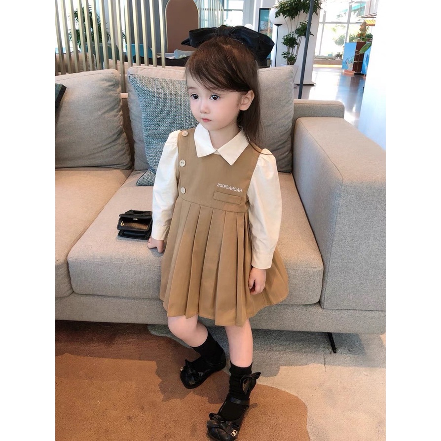Đồ bộ bé gái, Set tiểu thư áo sơ mi dài tay bồng và váy yếm chữ A, xếp ly chất thô cao cấp cho bé từ 7-18 kg, SUN KID'S