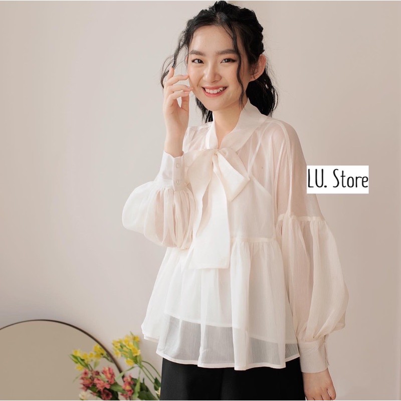 Set Sơ Mi Buộc Nơ Ogazan buộc nơ kèm áo 2 Dây, Made By TeamLU , tay cúc Ngọc