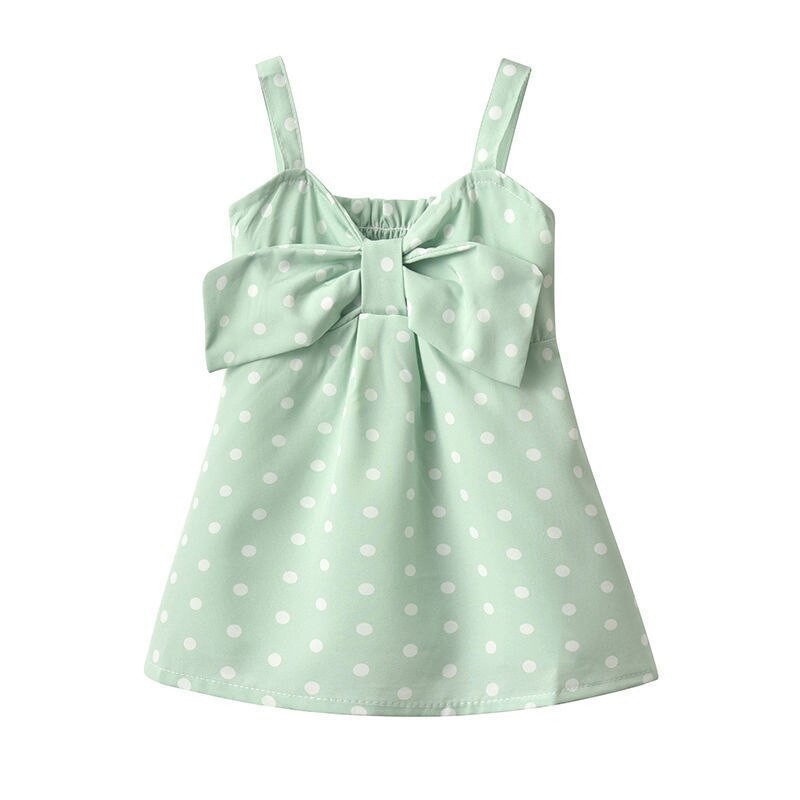 Đầm Mini Không Tay Cổ Chữ V Họa Tiết Chấm Bi Đính Nơ Thời Trang Mùa Hè Cho Bé Gái 2-7 Tuổi