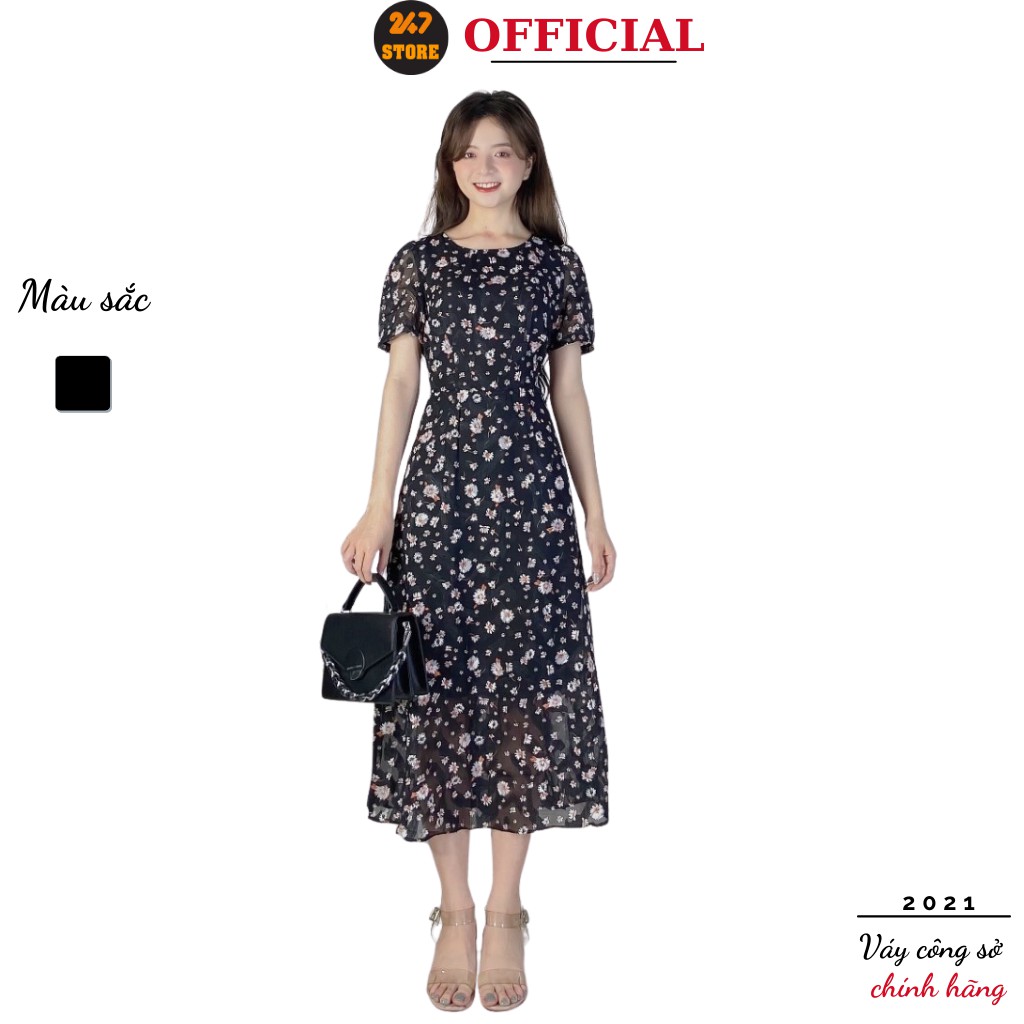 Đầm công sở xòe hoa dáng dài 247STORE (màu đen), dáng dài, maxi, cộc tay, ôm eo, vải voan mềm mịn, không lộ