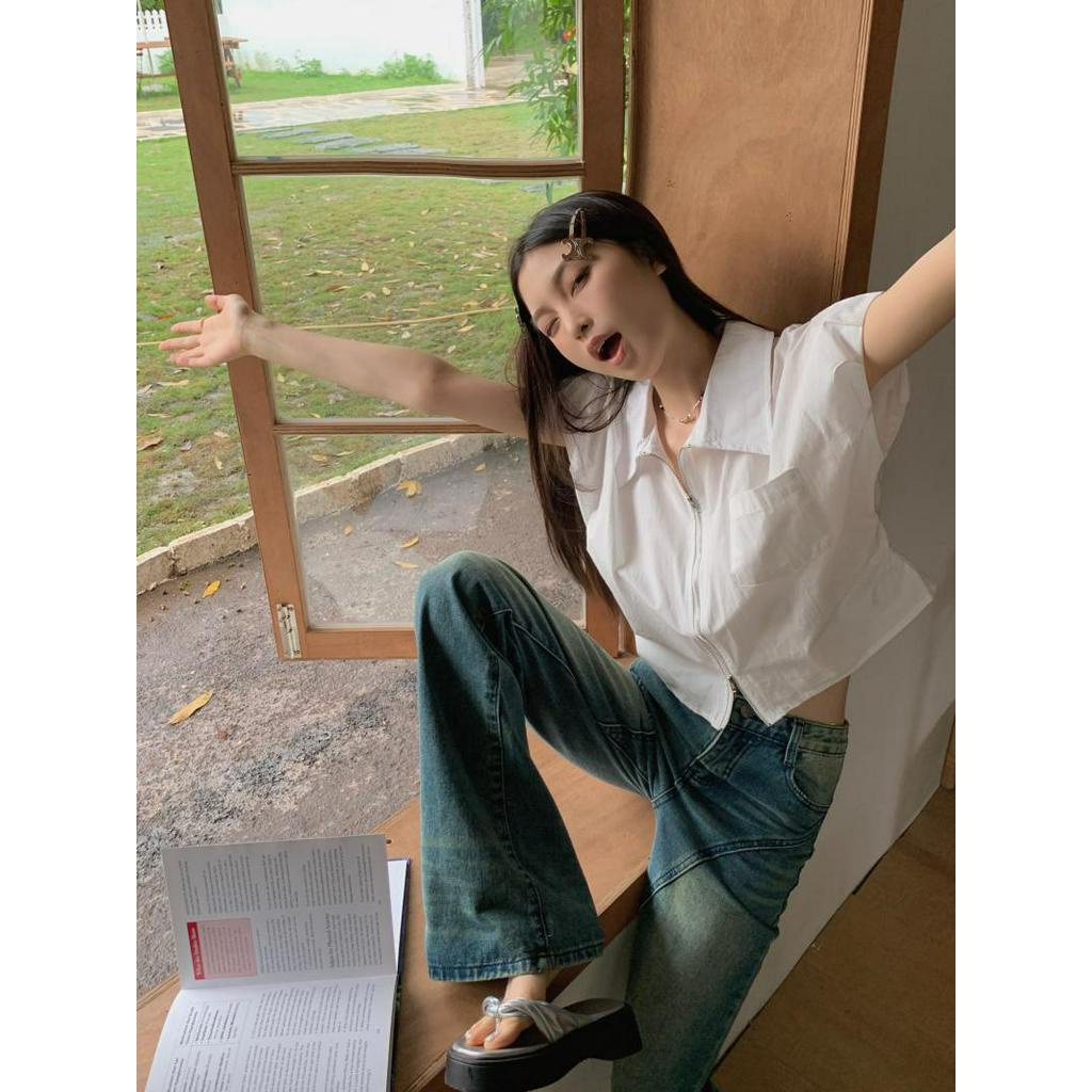 Áo Sơ Mi Cổ Mép Lật Ngắn Tay Phối Khóa Kéo Đôi Thời Trang Hàn Quốc 63423